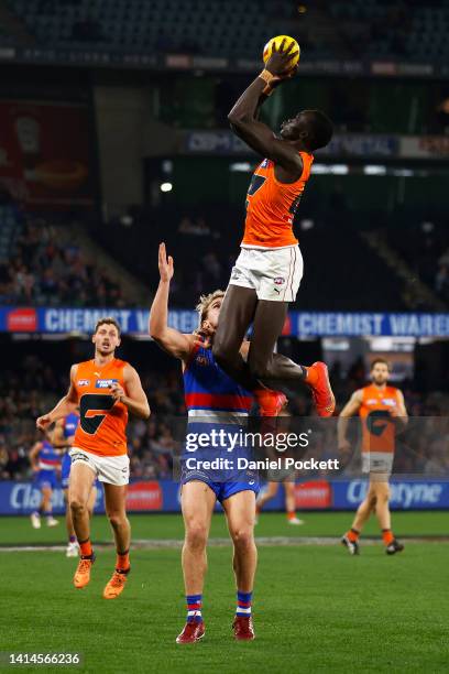 Leek Aleer of the Giants takes a high mark during the round 22 AFL match between the Western Bulldogs and the Greater Western Sydney Giants at Marvel...
