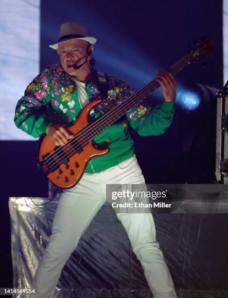 Bassist Eusebio "El Chivo" Cortez of Los Bukis performs during a stop of the band's Una Historia Cantada tour at Allegiant Stadium on August 12, 2022...