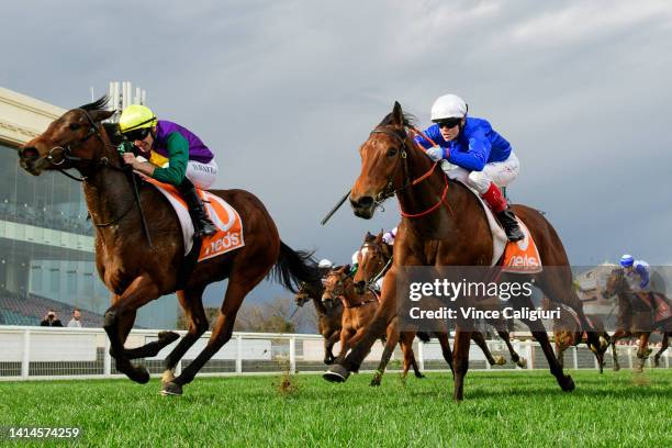 Declan Bates riding Bound For Home defeats Craig Williams riding Ojai in Race 6, the Neds Quezette Stakes, during Melbourne Racing at Caulfield...