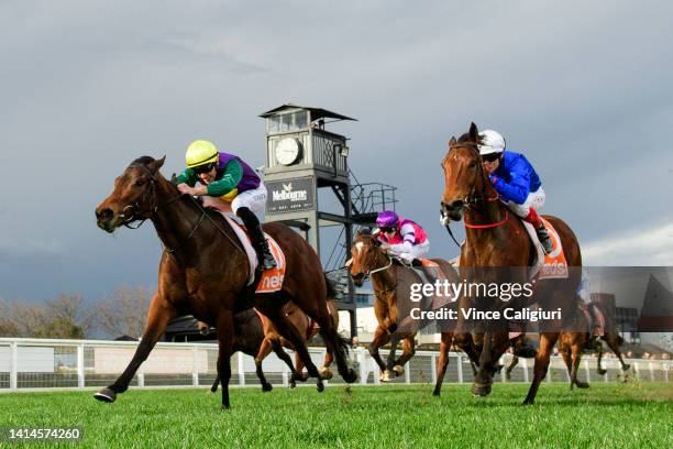 Declan Bates riding Bound For Home defeats Craig Williams riding Ojai in Race 6, the Neds Quezette Stakes, during Melbourne Racing at Caulfield...