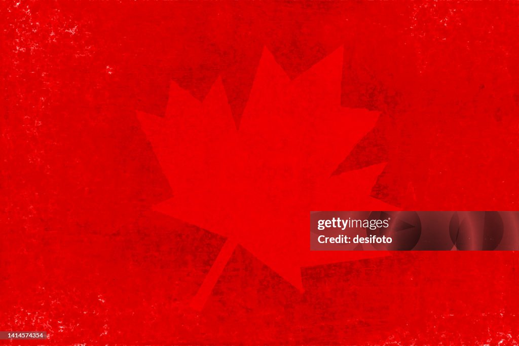 A faded grunge effect horizontal old smudged Canada Flag maple leaf flag design printed on a grungy vibrant bright red backgrounds