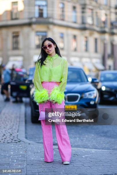 Miki Cheung wears pink sunglasses, gold earrings, a green leather borders and transparent silk cropped shirt with embroidered feathers sleeves, pink...