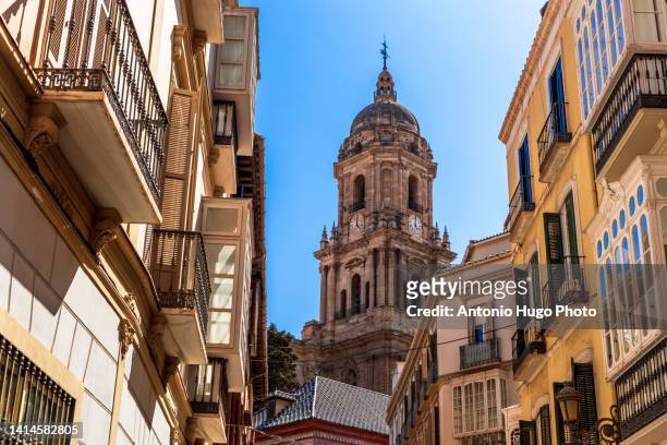 malaga cathedral tower seen between buildings. malaga, andalucia, spain. - malaga fotografías e imágenes de stock