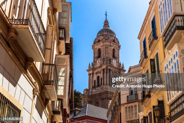 malaga cathedral tower seen between buildings. malaga, andalucia, spain. - città di málaga foto e immagini stock