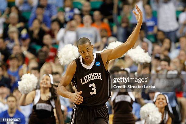 McCollum of the Lehigh Mountain Hawks reacts after a made basket in the second half while taking on the Duke Blue Devils during the second round of...