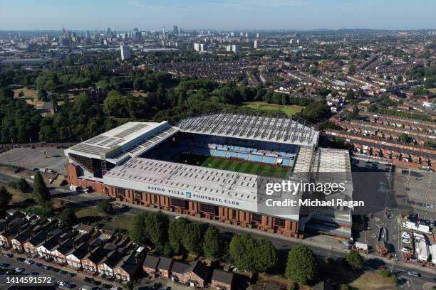 An aerial view of Villa Park is seen ahead of the Premier League match between Aston Villa and Everton FC at Villa Park on August 13, 2022 in...