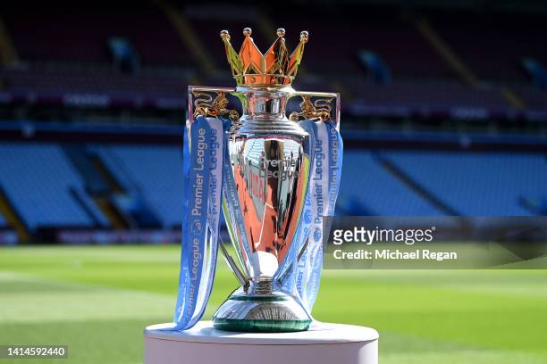 Detailed view of the Premier League trophy is seen prior to the Premier League match between Aston Villa and Everton FC at Villa Park on August 13,...
