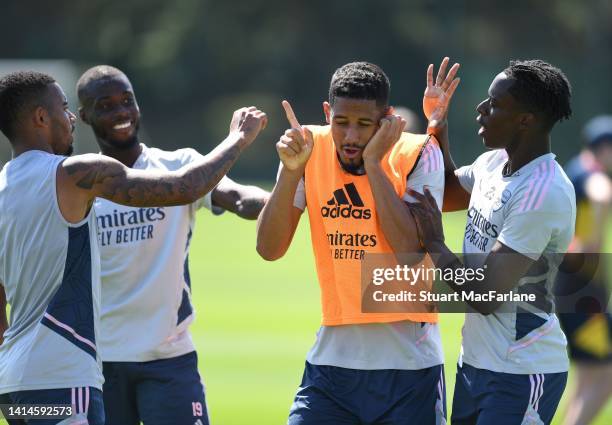 Gabriel Jesus, Nicolas Pepe, William Saliba and Sambi of Arsenal during a training session at London Colney on August 12, 2022 in St Albans, England.