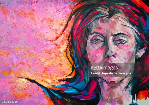 illustration oil painting portrait of young woman with long dark hair against bright background in pink tones - emotional intelligence stock illustrations