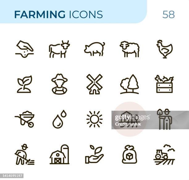 farming - pixel perfect unicolor line icons - farm worker stock illustrations