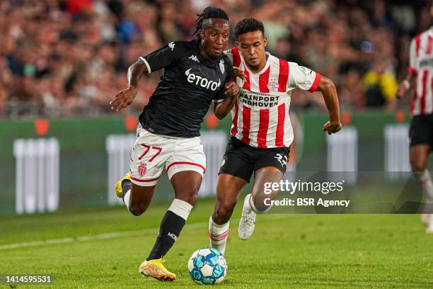 Gelson Martins of AS Monaco fights for the ball with Fredrik Oppegard of PSV Eindhoven during the UEFA Champions League Qualification match between...