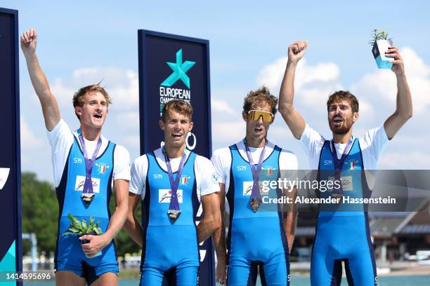 Gold medalists Antonio Vicino, Martino Goretti, Niels Torre and Patrick Rocek of Team Italy pose for a photo during the medal ceremony for the...