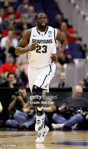 Draymond Green of the Michigan State Spartans runs up court after a play against the LIU Brooklyn Blackbirds in the first half during the second...