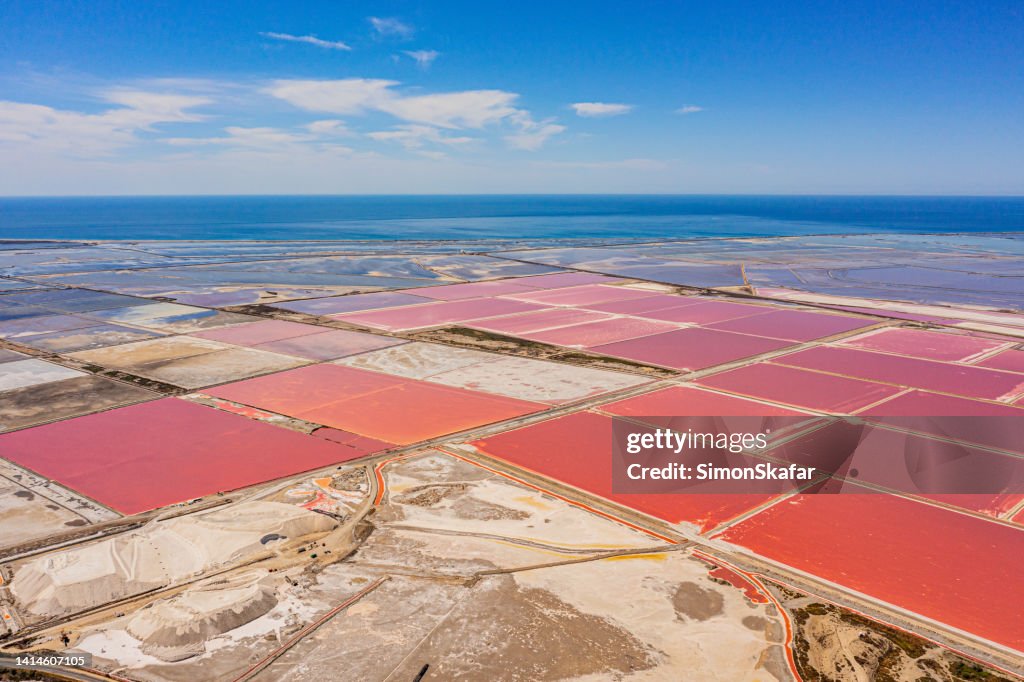 High angle idyllic view of salt lake against blue sky during sunny day