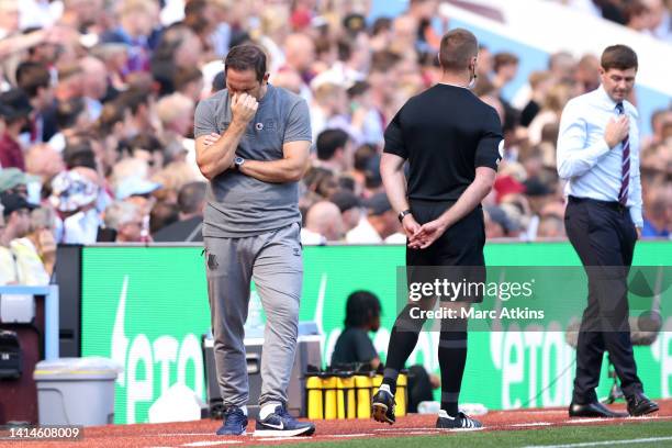 Everton Manager Frank Lampard reacts during the Premier League match between Aston Villa and Everton FC at Villa Park on August 13, 2022 in...