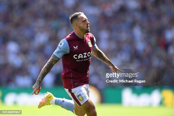 Danny Ings of Aston Villa celebrates scoring the opening goal during the Premier League match between Aston Villa and Everton FC at Villa Park on...