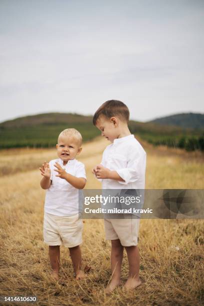 beautiful people in white outfit posing in vineyard. - baby brother stock pictures, royalty-free photos & images