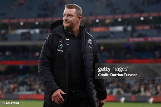 Michael Voss, senior coach of Carlton is seen after the round 22 AFL match between the Melbourne Demons and the Carlton Blues at Melbourne Cricket...