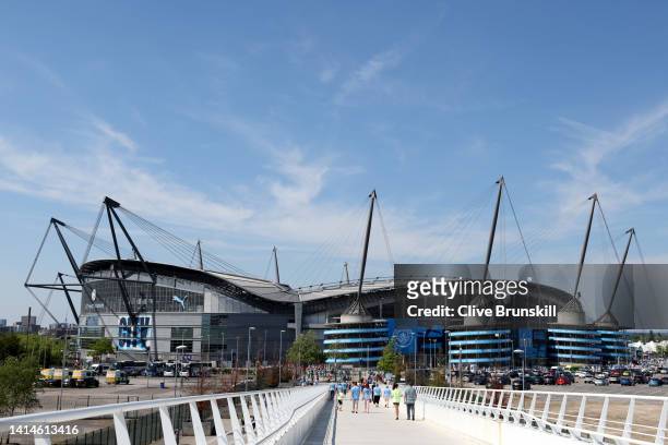 General view outside the stadium prior to the Premier League match between Manchester City and AFC Bournemouth at Etihad Stadium on August 13, 2022...