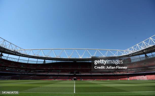 General view of the stadium ahead of the Premier League match between Arsenal FC and Leicester City at Emirates Stadium on August 13, 2022 in London,...