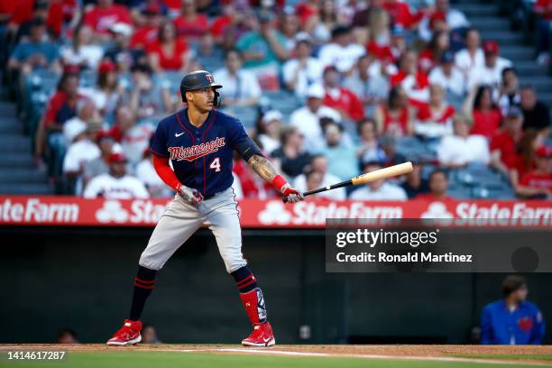 Carlos Correa of the Minnesota Twins in the first inning at Angel Stadium of Anaheim on August 12, 2022 in Anaheim, California.
