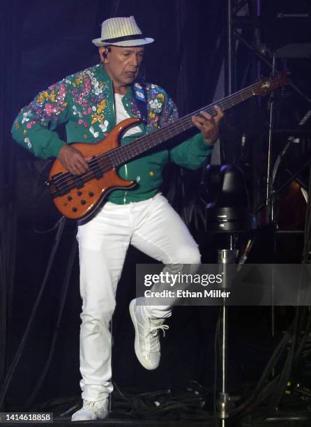 Bassist Eusebio "El Chivo" Cortez of Los Bukis performs during a stop of the band's Una Historia Cantada tour at Allegiant Stadium on August 12, 2022...