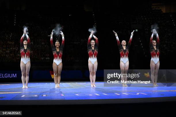 Team Belgium acknowledge the crowd during the Team Presentation in the Artistic Gymnastics competition on day 3 of the European Championships Munich...