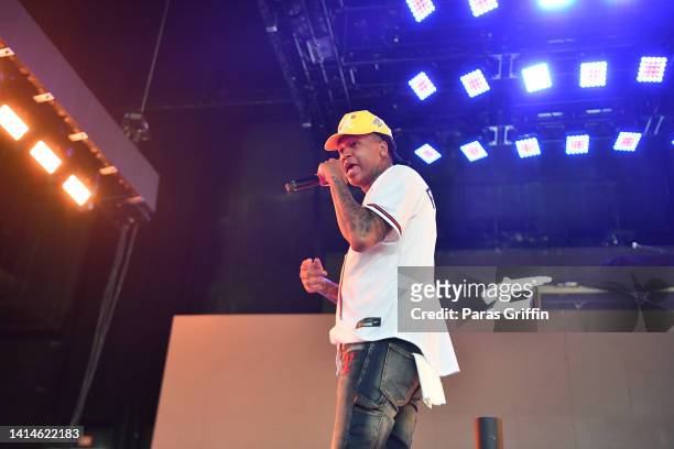 Rapper Fedd The God performs onstage during "Vinyl Verse Summer" tour at Cellairis Amphitheatre at Lakewood on August 12, 2022 in Atlanta, Georgia.