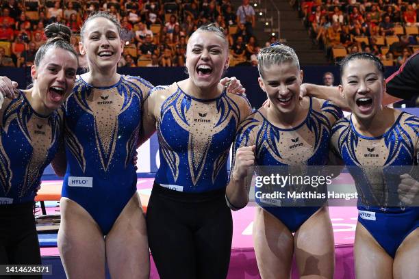 Team Germany celebrate during the Women's Team Final Artistic Gymnastics competition on day 3 of the European Championships Munich 2022 at...