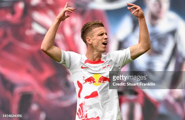 Dani Olmo of RB Leipzig reacts after a disallowed goal during the Bundesliga match between RB Leipzig and 1. FC Köln at Red Bull Arena on August 13,...
