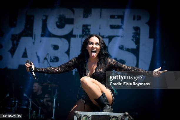 Carla Harvey of Butcher Babies performs during Alcatraz Metal Fest on August 13, 2022 in Kortrijk, Belgium.