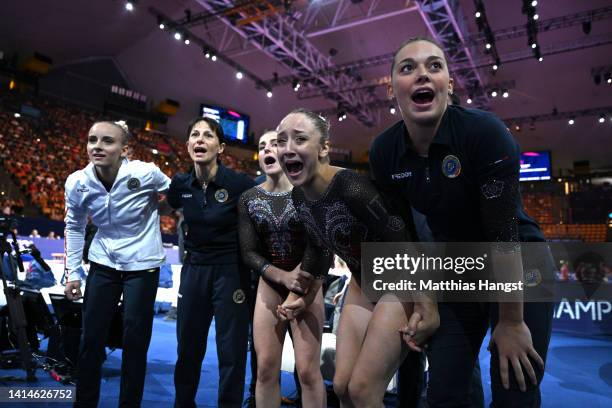 Martina Maggio and Team Italy celebrate winning Gold during the Women's Team Final Artistic Gymnastics competition on day 3 of the European...