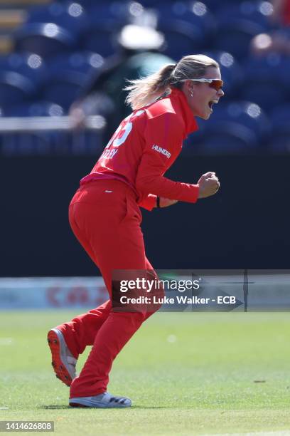 Alex Hartley of Welsh Fire celebrates the wicket of Amy Jones of Birmingham Phoenix during The Hundred match between Welsh Fire Women v Birmingham...