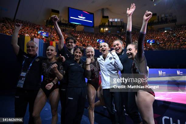 Team Italy celebrate winning Gold during the Women's Team Final Artistic Gymnastics competition on day 3 of the European Championships Munich 2022 at...