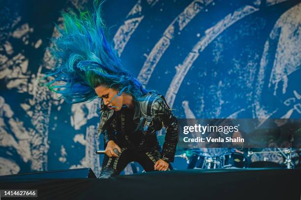 Alissa White-Gluz of Arch Enemy performs on stage during the Knotfest at Artukainen Event Park on August 12, 2022 in Turku, Finland.