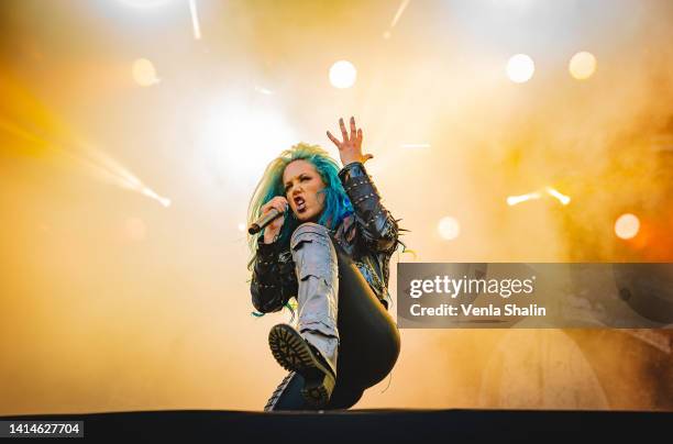 Alissa White-Gluz of Arch Enemy performs on stage during the Knotfest at Artukainen Event Park on August 12, 2022 in Turku, Finland.