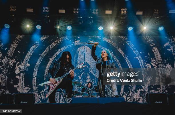 Sharlee D'Angelo and Alissa White-Gluz of Arch Enemy perform on stage during the Knotfest at Artukainen Event Park on August 12, 2022 in Turku,...