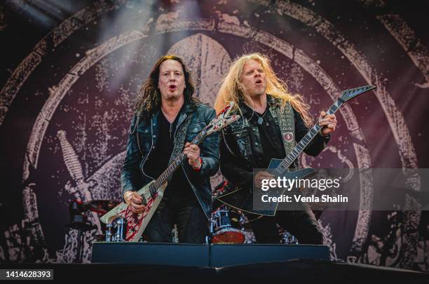 Sharlee D'Angelo and Jeff Loomis of Arch Enemy performs on stage during the Knotfest at Artukainen Event Park on August 12, 2022 in Turku, Finland.