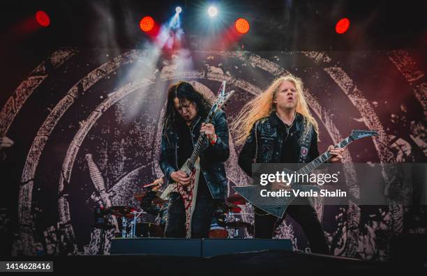 Sharlee D'Angelo and Jeff Loomis of Arch Enemy perform on stage during the Knotfest at Artukainen Event Park on August 12, 2022 in Turku, Finland.