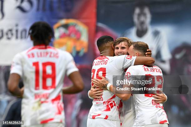 Timo Werner of RB Leipzig celebrates with team mates after scoring their sides first goal during the Bundesliga match between RB Leipzig and 1. FC...