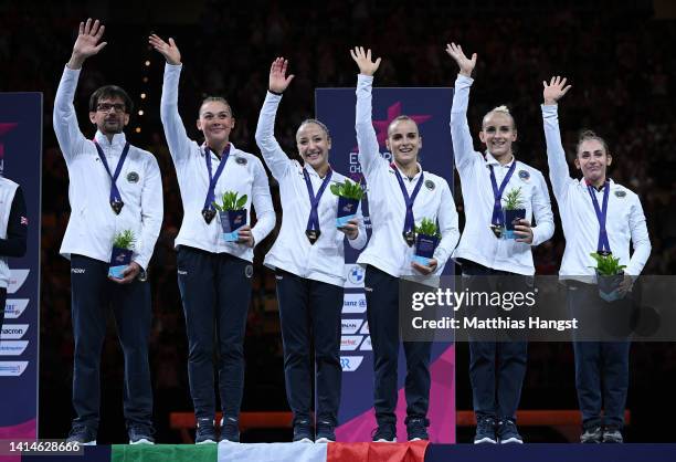 Gold Medalists, Martina Maggio, Asia D'Amato, Alice D'Amato, Angela Andreoli and Giorgia Villa of Italy celebrate in the Medal Ceremony following the...