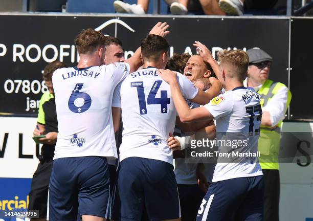 Brad Potts of Preston North End celebrates scoring their first goal during the Sky Bet Championship between Luton Town and Preston North End at...