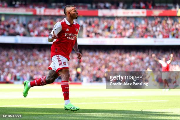 Gabriel Jesus of Arsenal celebrates after scoring their side's first goal during the Premier League match between Arsenal FC and Leicester City at...
