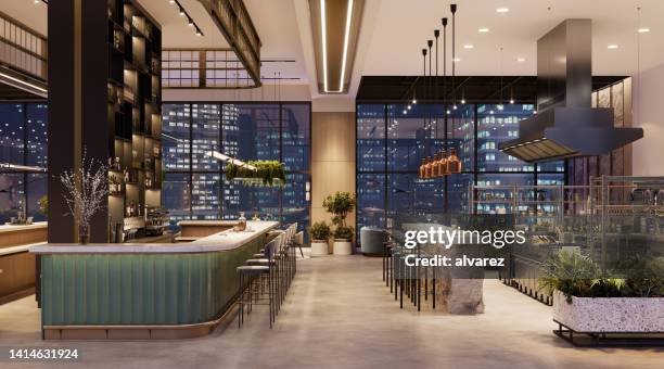 高級ホテルのバーやレストランの3dレンダリング - architecture restaurant interior ストックフォトと画像