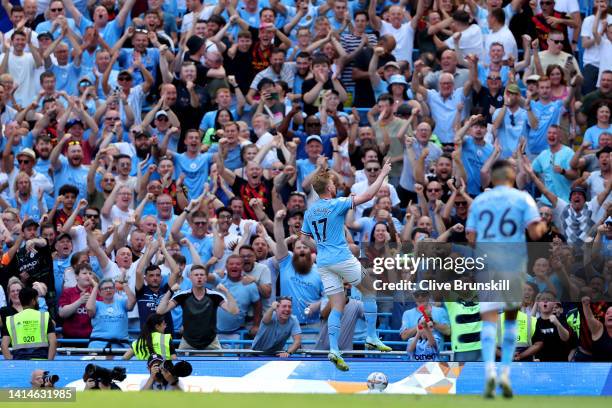 Kevin De Bruyne of Manchester City celebrates after scoring their sides second goal during the Premier League match between Manchester City and AFC...