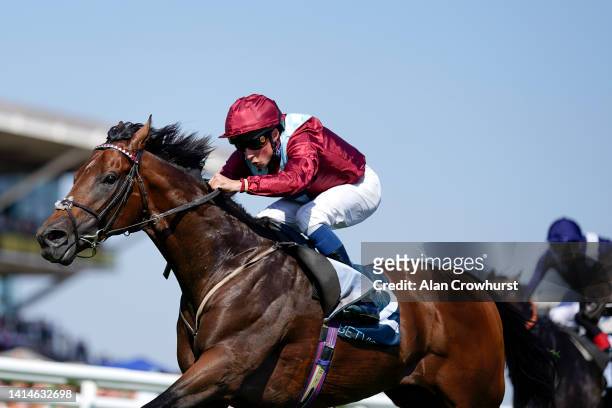 William Buick riding Jumby win The BetVictor Hungerford Stakes at Newbury Racecourse on August 13, 2022 in Newbury, England.