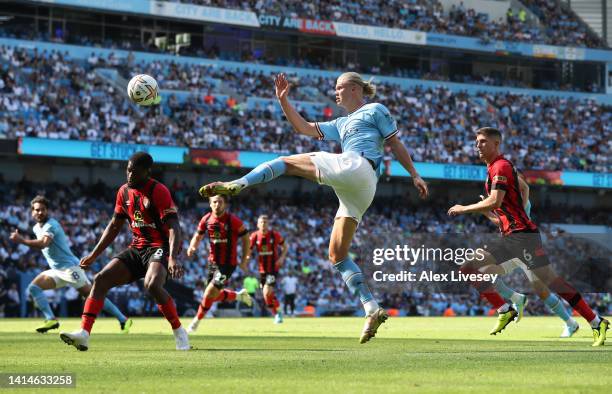 Erling Haaland of Manchester City shoots and misses during the Premier League match between Manchester City and AFC Bournemouth at Etihad Stadium on...