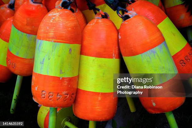 orange and yellow lobster buoys drying on land near bass harbor, mount desert island, maine - nautische ausrüstung stock-fotos und bilder