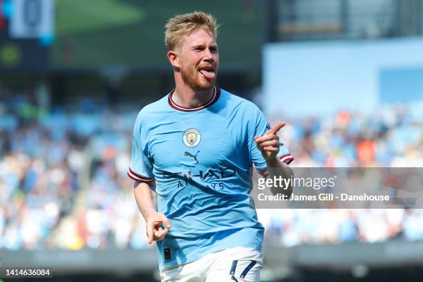 Kevin De Bruyne of Manchester City celebrates after scoring his side's second goal during the Premier League match between Manchester City and AFC...