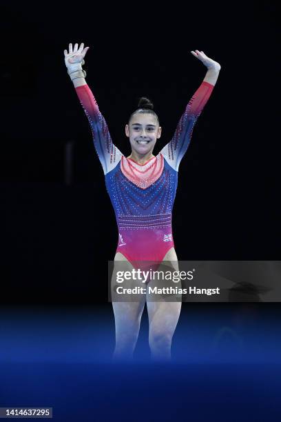 Jessica Gadirova of Great Britain acknowledges the crowd in the Women's Team Final during the Artistic Gymnastics competition on day 3 of the...